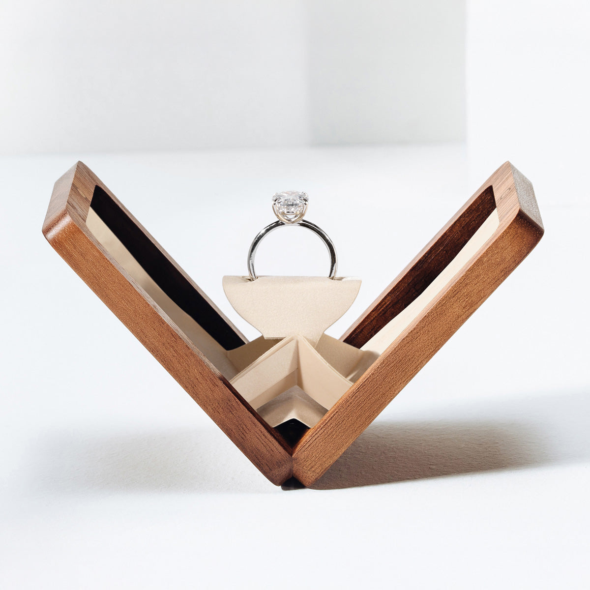 Walnut rotating engagement ring box beige insert woodsbury